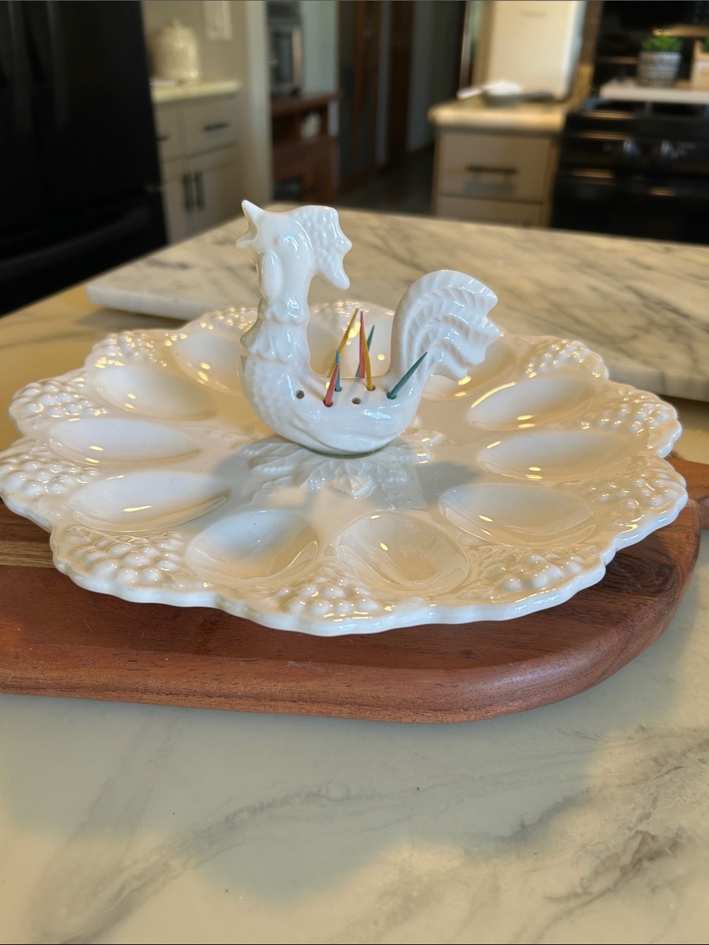 Vintage White Ceramic Rooster Egg Tray Serving Platter